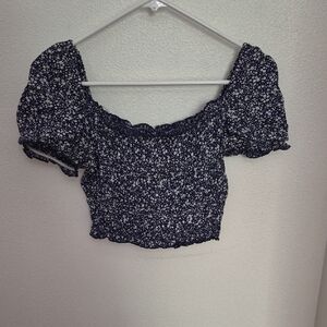 La Hearts Navy Floral Puff Sleeve Crop Top